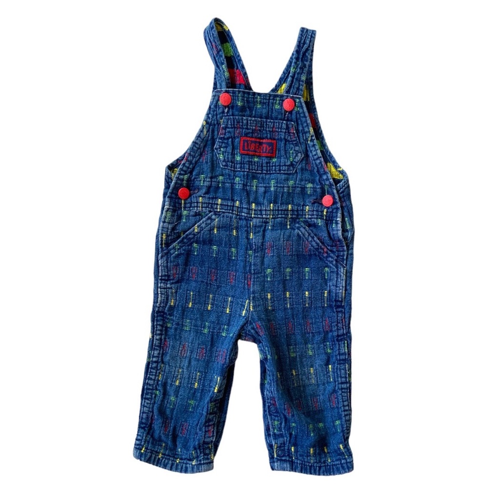 LIBERTY Overalls Woven Blue Red Pants Jeans Denim Jumper Romper Bibs 12 Months